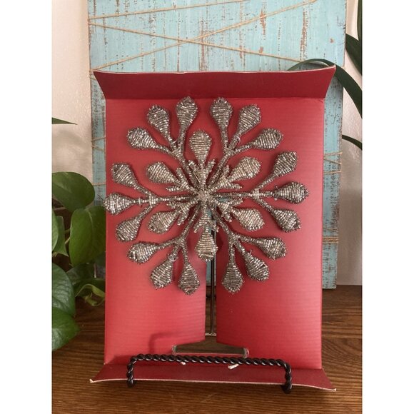 Pottery Barn Silver Hand Beaded Snowflake  Christmas Tree Topper Made In India - Picture 2 of 10